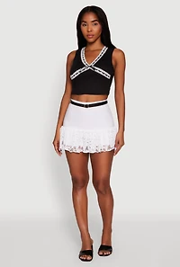 Womens Lace Hem Belted Lined Mini Skirt, White, Size M