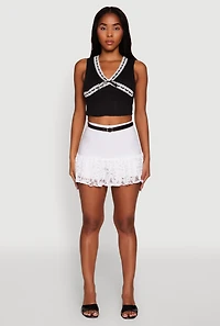 Womens Lace Hem Belted Lined Mini Skirt, White, Size M