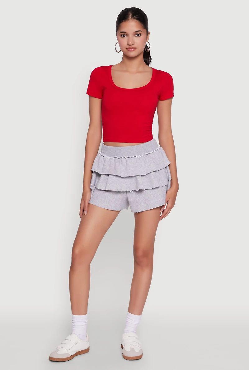 Womens Stylish Ruffled High Waist Tiered Shorts, Grey, Size L