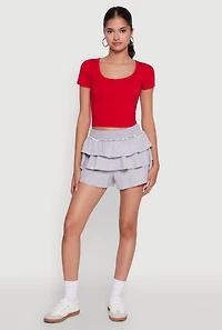 Womens Stylish Ruffled High Waist Tiered Shorts, Grey, Size L