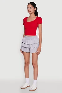 Womens Stylish Ruffled High Waist Tiered Shorts, Grey, Size L
