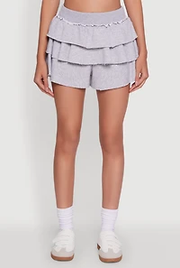 Womens Stylish Ruffled High Waist Tiered Shorts, Grey, Size L