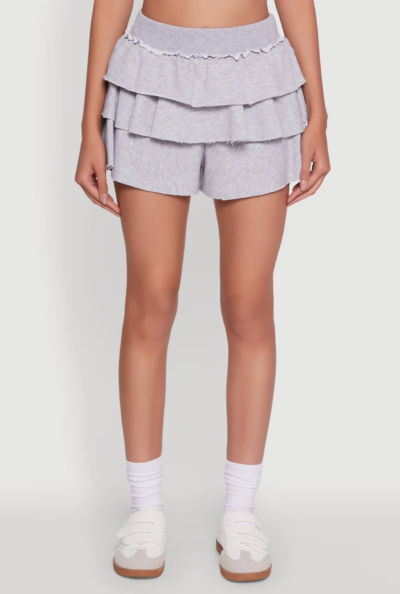 Womens Stylish Ruffled High Waist Tiered Shorts, Grey, Size S