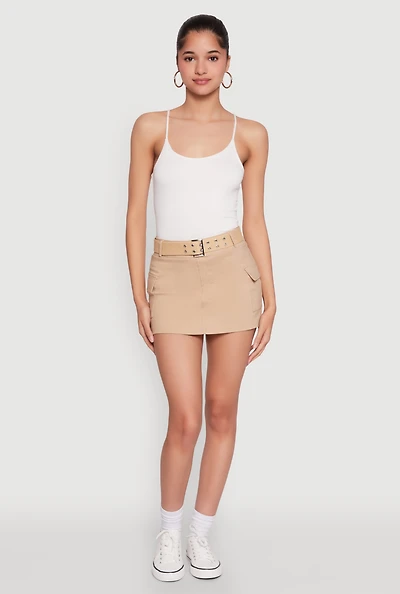 Womens High Waisted Belted Cargo Skirt, Khaki,
