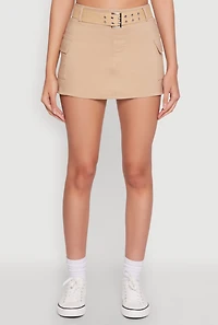 Womens High Waisted Belted Cargo Skirt, Khaki, Size L