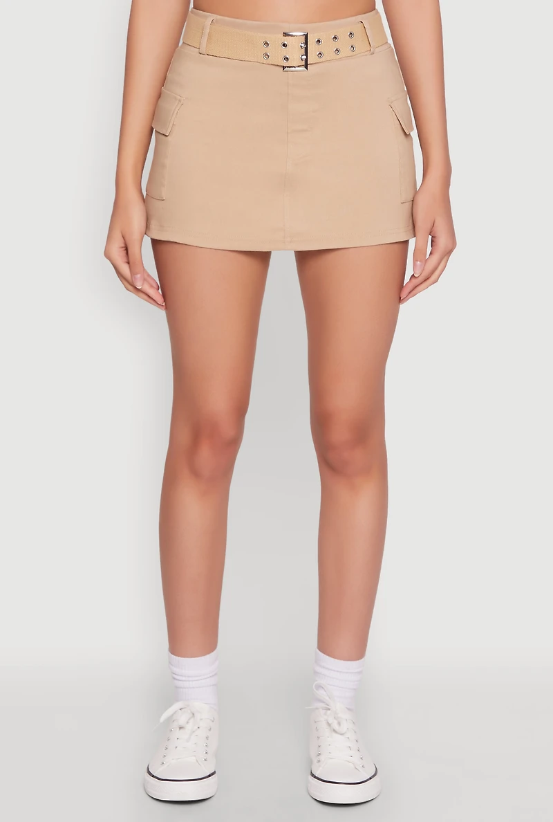 Womens High Waisted Belted Cargo Skirt, Khaki, Size M