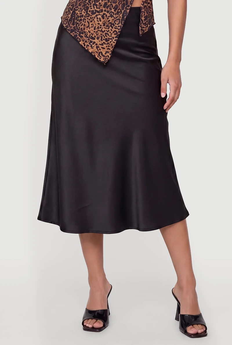 High Waisted Satin Midi Slip Skirt