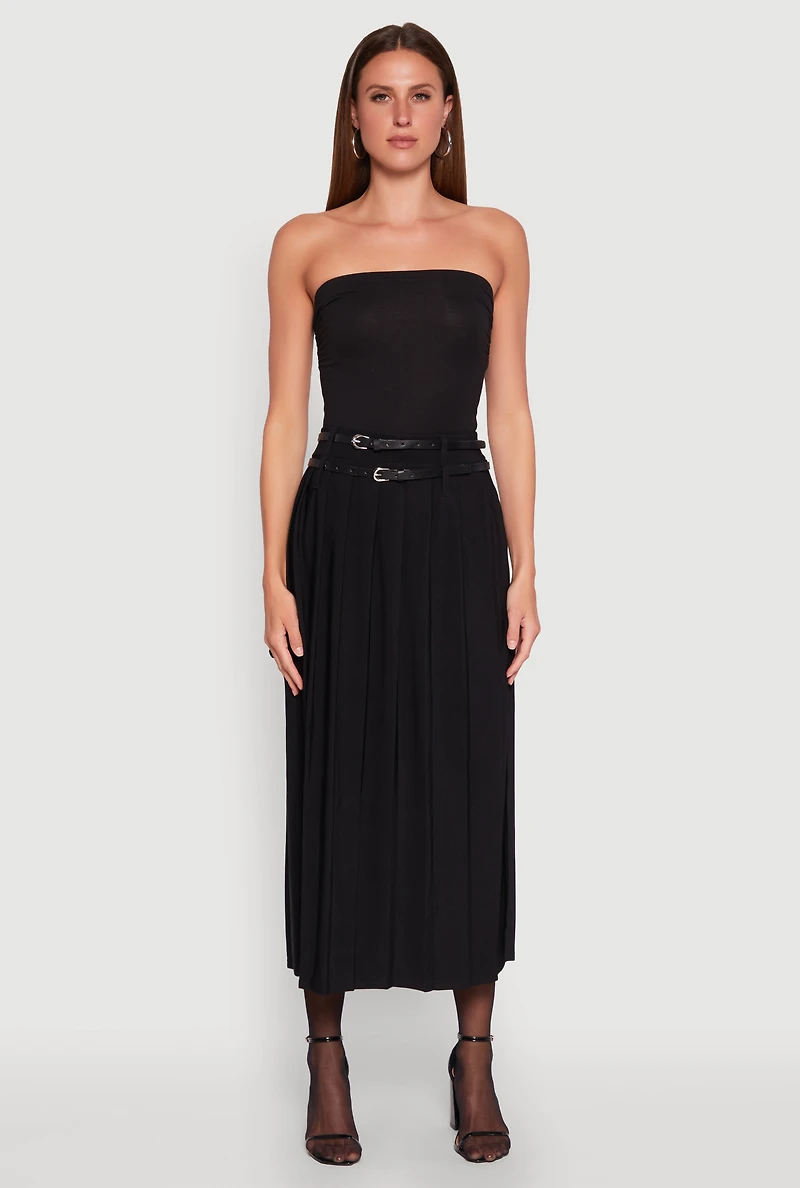 Womens Double Belted Side Slit Pleated Skirt, Black, Size L