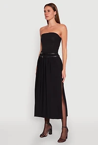 Womens Double Belted Side Slit Pleated Skirt, Black, Size L