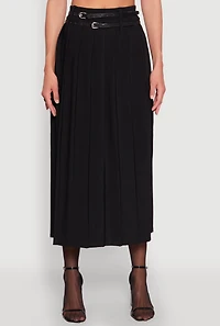 Womens Double Belted Side Slit Pleated Skirt, Black, Size L