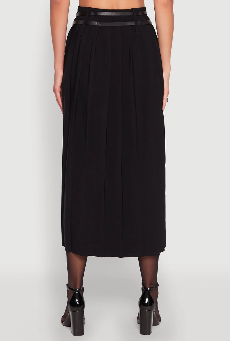 Womens Double Belted Side Slit Pleated Skirt, Black, Size L