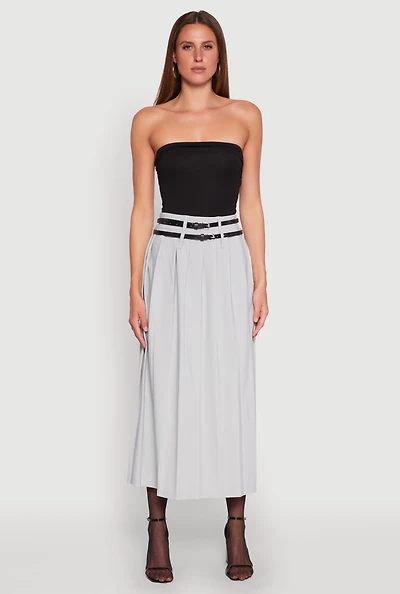 Double Belted Side Slit Pleated Skirt