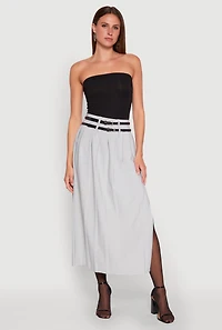 Double Belted Side Slit Pleated Skirt