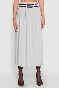 Double Belted Side Slit Pleated Skirt