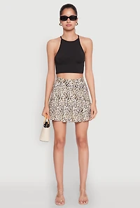 Womens Printed High Waist Pleated Skirt, Khaki, Size L