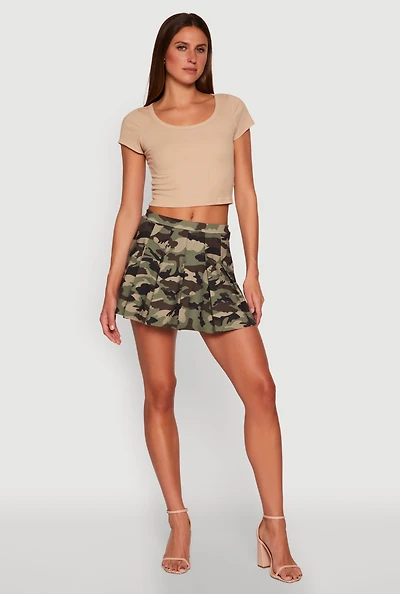 Womens Printed High Waist Pleated Skirt, Green, Size S