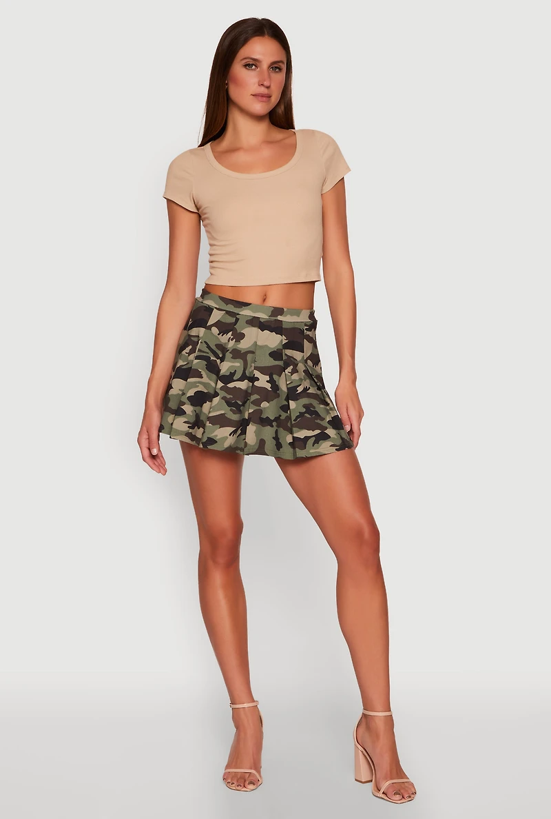 Womens Printed High Waist Pleated Skirt, Green, Size L