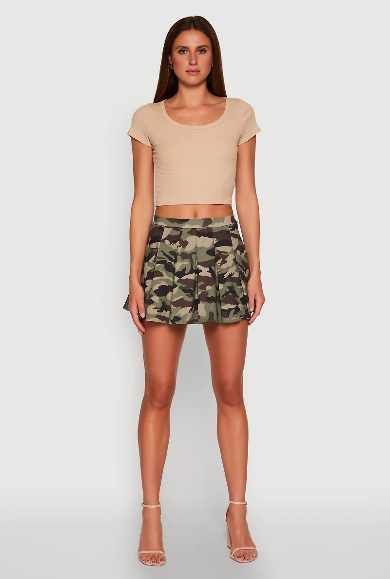 Womens Printed High Waist Pleated Skirt, Green, Size S