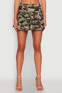 Womens Printed High Waist Pleated Skirt, Green, Size L