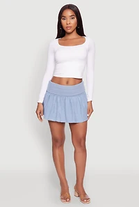 Womens Mineral Wash Fold Over Waist Denim Skirt, Blue,