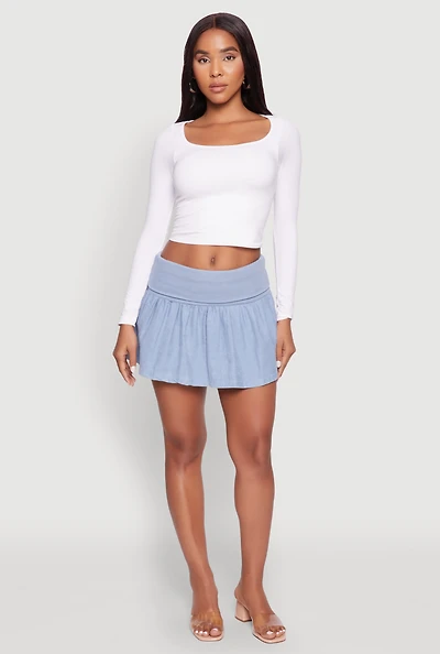 Mineral Wash Fold Over Waist Denim Skirt