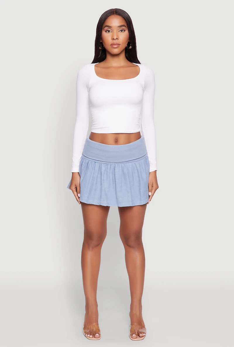 Womens Mineral Wash Fold Over Waist Denim Skirt, Blue,