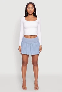 Womens Mineral Wash Fold Over Waist Denim Skirt, Blue,