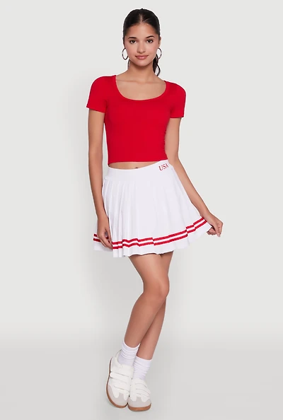 Womens Varsity Stripe Graphic High Waisted Pleated Skirt, White,