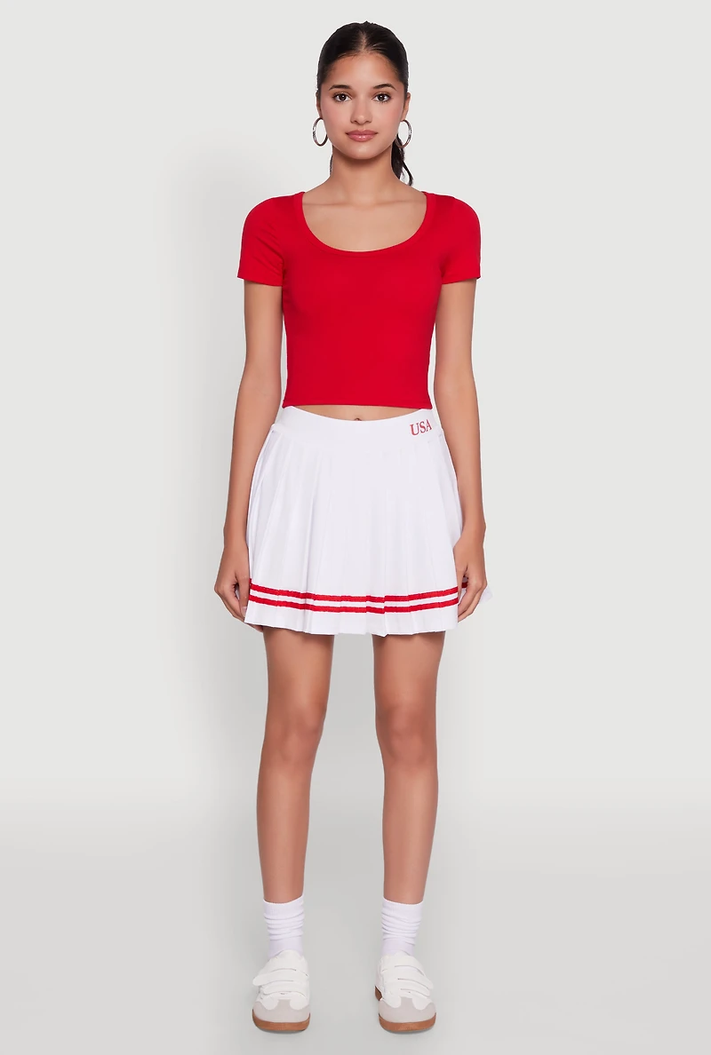 Womens Varsity Stripe Graphic High Waisted Pleated Skirt, White,