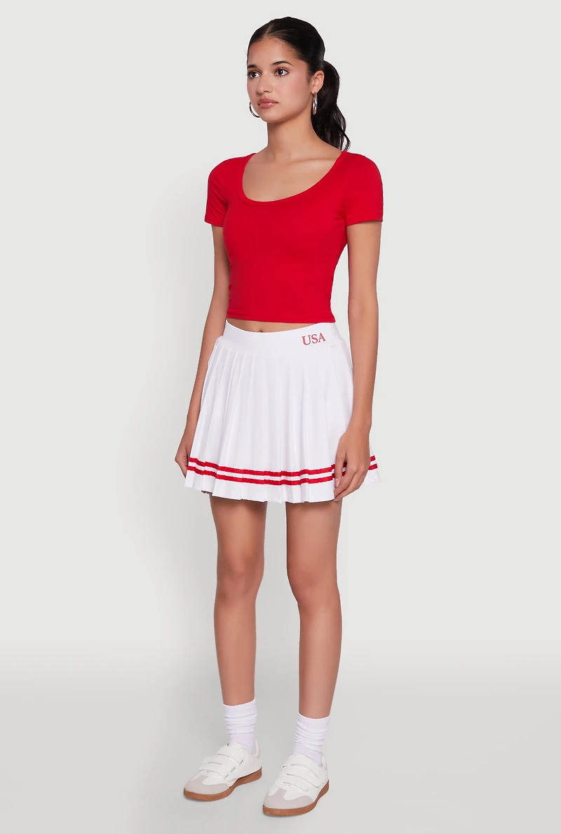 Womens Varsity Stripe Graphic High Waisted Pleated Skirt, White,