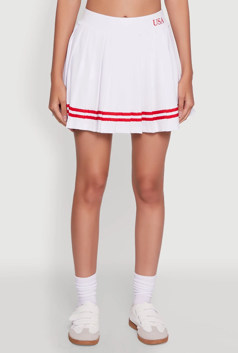 Womens Varsity Stripe Graphic High Waisted Pleated Skirt, White,