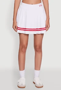 Womens Varsity Stripe Graphic High Waisted Pleated Skirt, White,