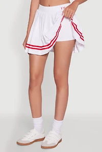 Womens Varsity Stripe Graphic High Waisted Pleated Skirt, White,