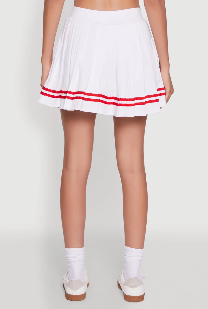 Womens Varsity Stripe Graphic High Waisted Pleated Skirt, White,
