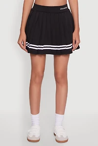 Womens Varsity Stripe Graphic High Waisted Pleated Skirt, Black, Size L