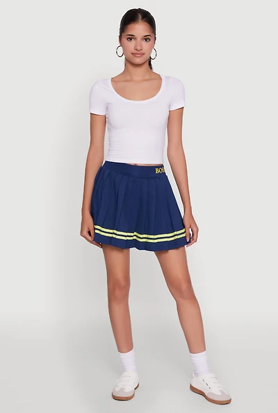 Womens Varsity Stripe Graphic High Waisted Pleated Skirt,