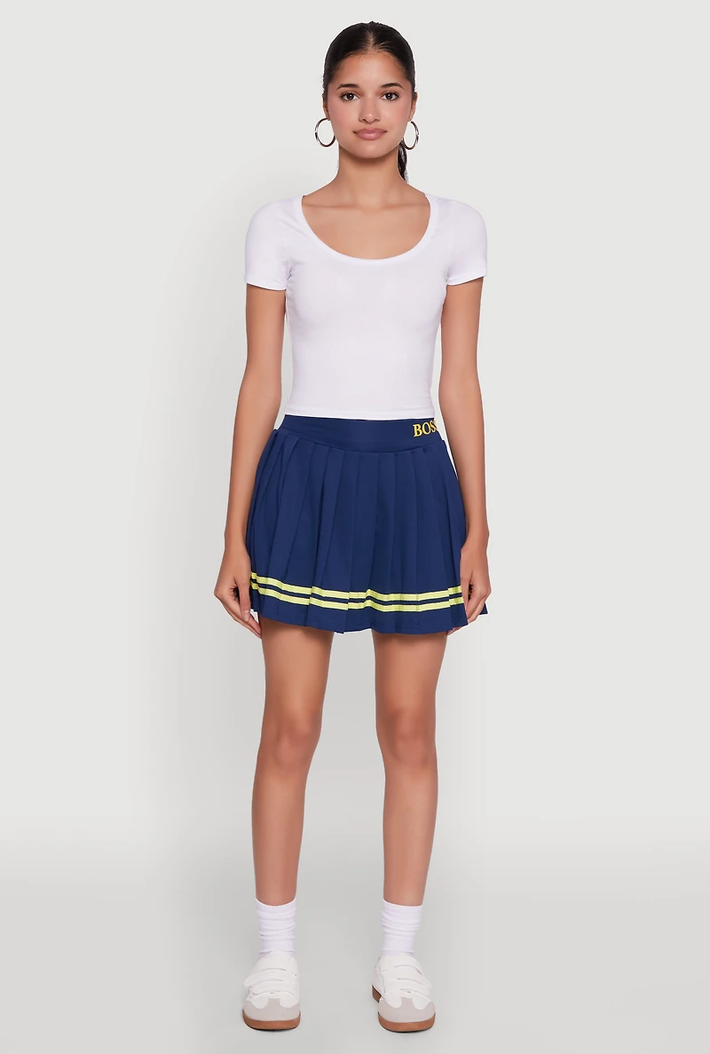 Womens Varsity Stripe Graphic High Waisted Pleated Skirt, Blue,