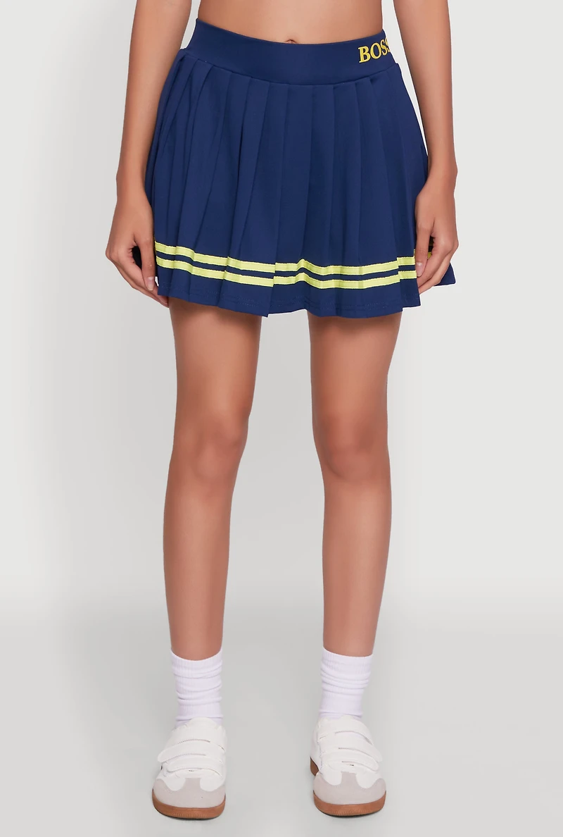 Womens Varsity Stripe Graphic High Waisted Pleated Skirt, Blue,
