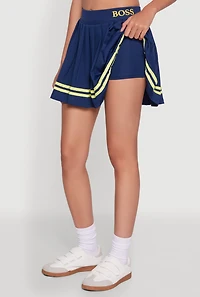 Womens Varsity Stripe Graphic High Waisted Pleated Skirt,