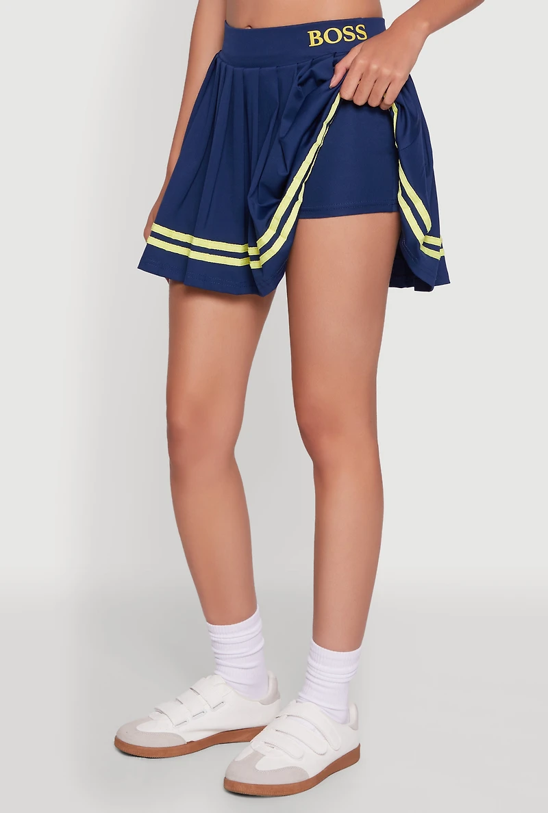 Womens Varsity Stripe Graphic High Waisted Pleated Skirt, Blue,