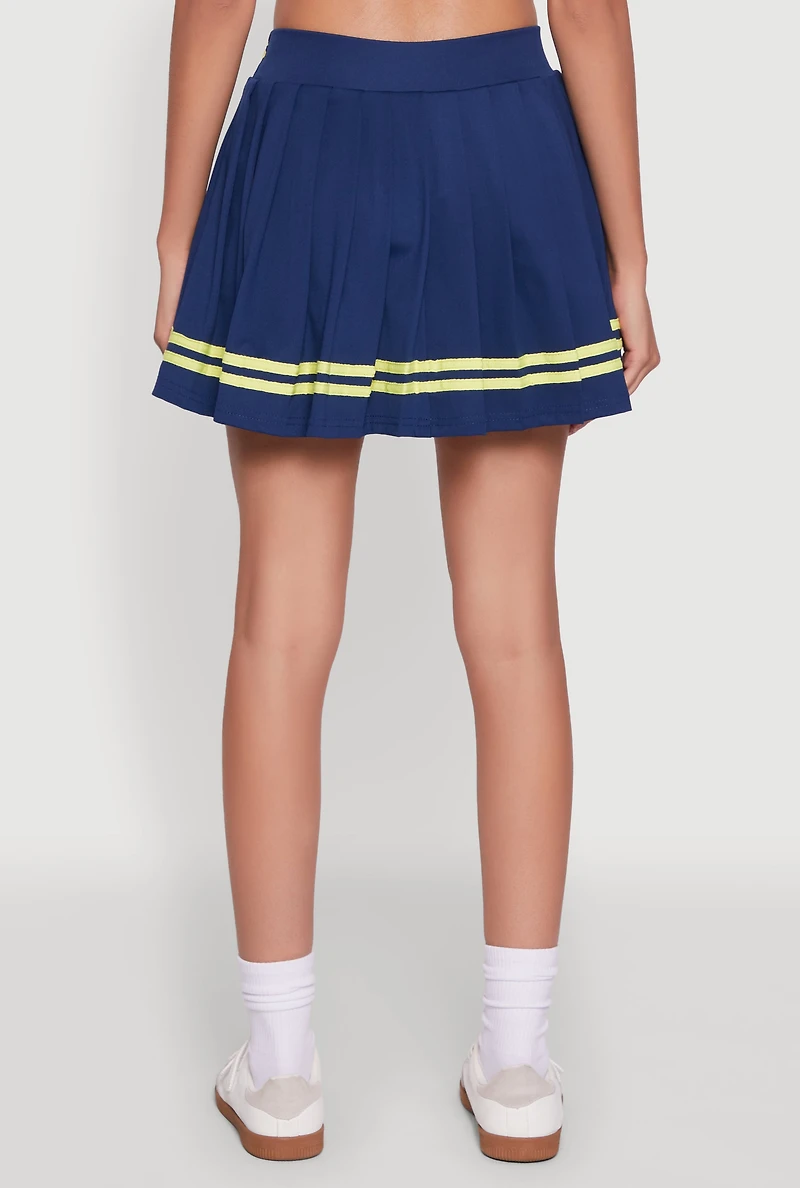 Womens Varsity Stripe Graphic High Waisted Pleated Skirt, Blue,