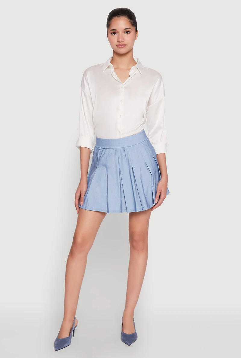 Womens Chambray High Waisted Pleated Skirt, Blue,