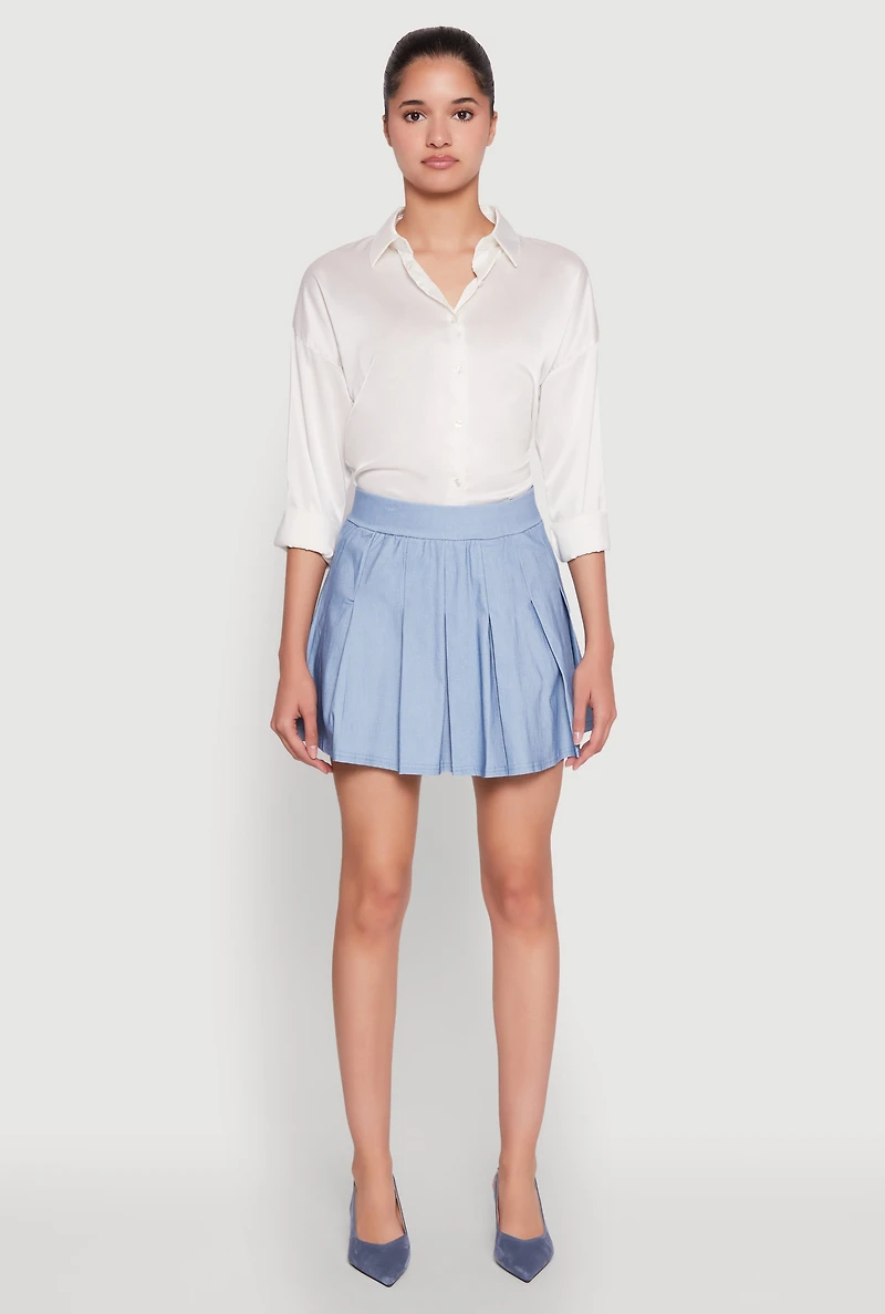 Womens Chambray High Waisted Pleated Skirt, Blue,