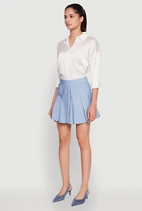 Womens Chambray High Waisted Pleated Skirt, Blue,