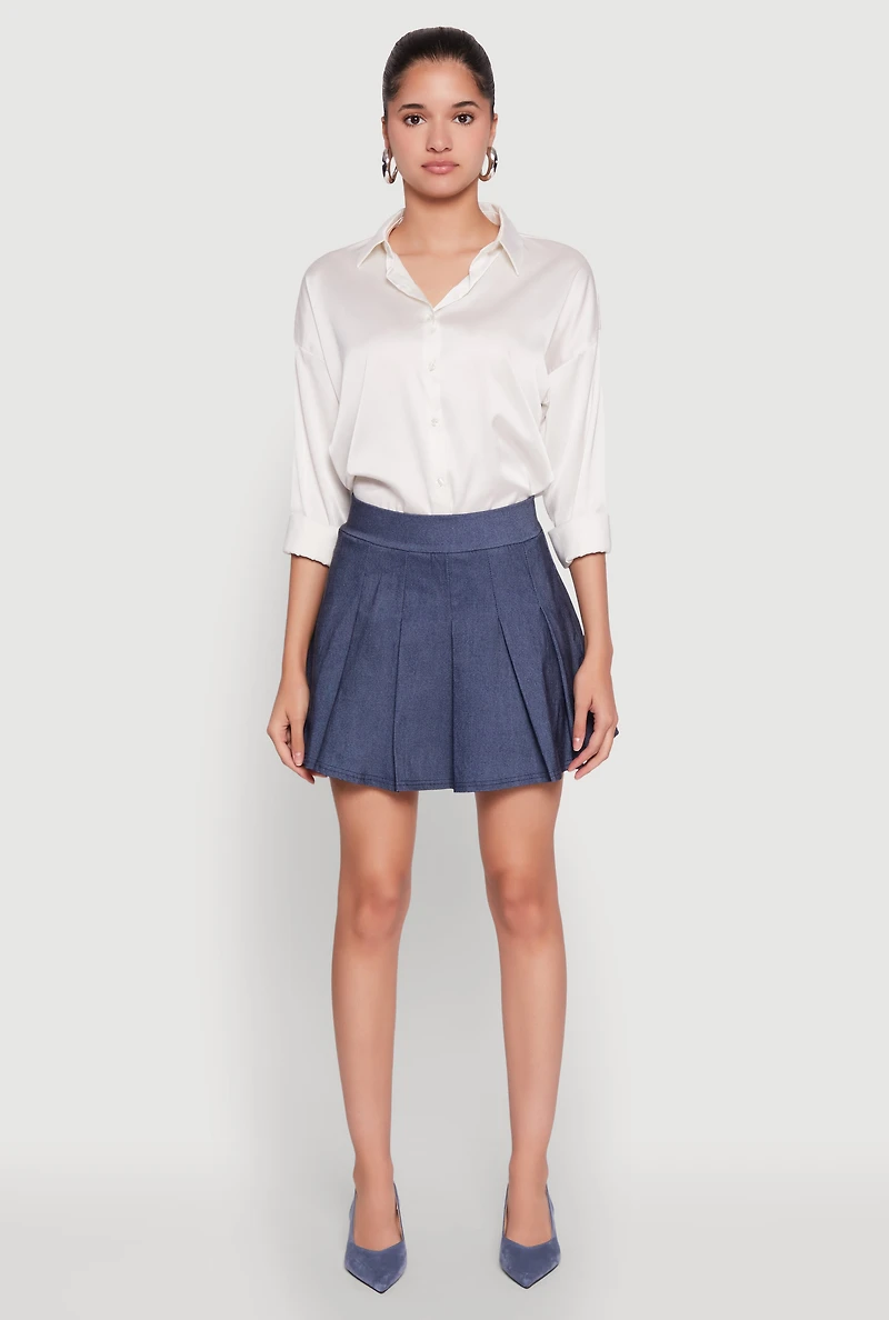Womens Chambray High Waisted Pleated Skirt, Blue, Size L