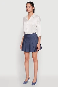 Womens Chambray High Waisted Pleated Skirt, Blue,