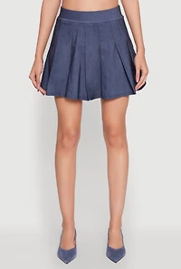 Womens Chambray High Waisted Pleated Skirt, Blue,