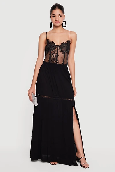 Side Slit Lace Detail Tiered Maxi Skirt