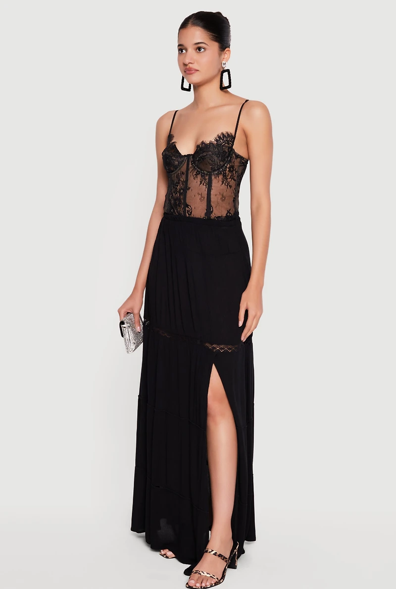 Side Slit Lace Detail Tiered Maxi Skirt