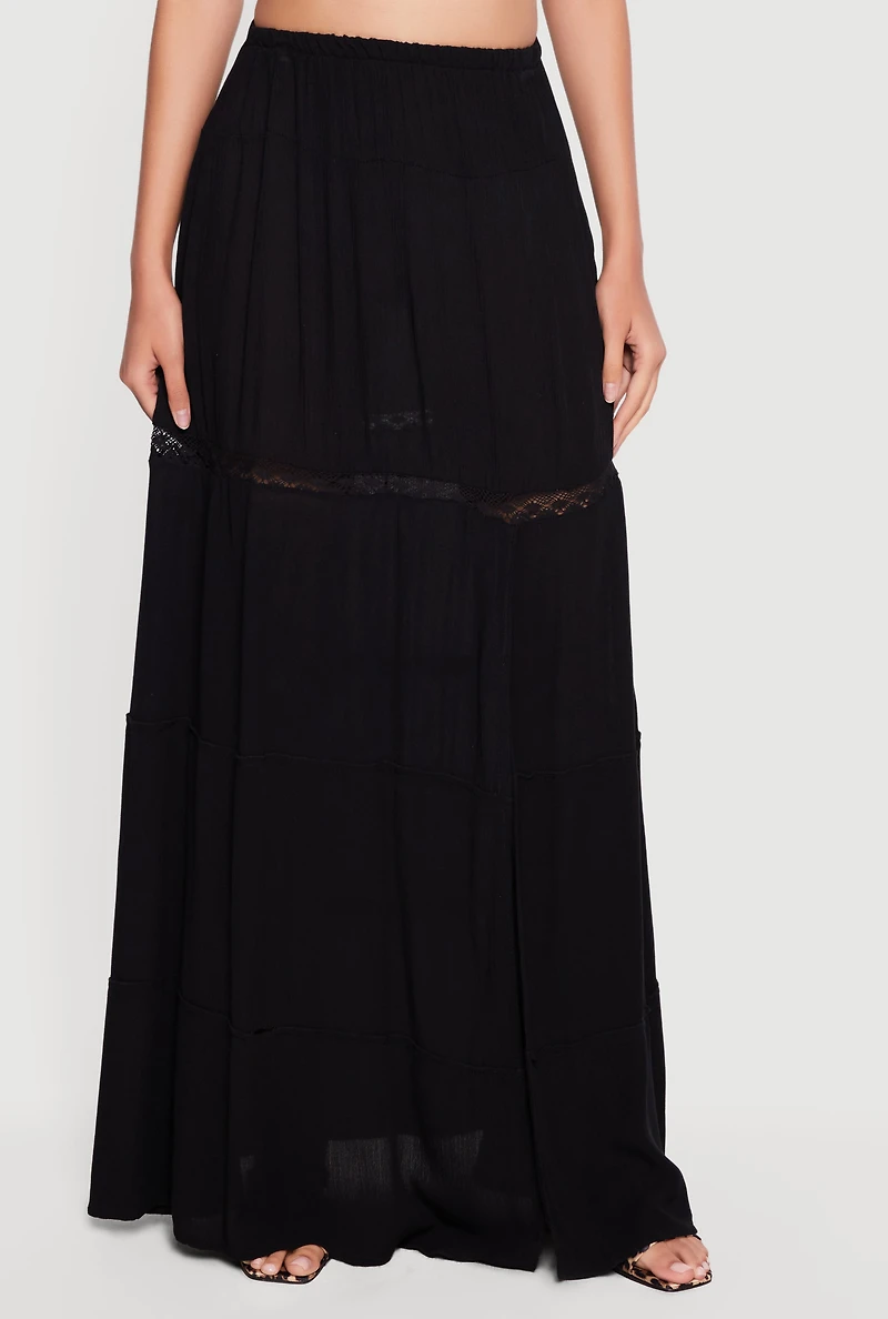 Side Slit Lace Detail Tiered Maxi Skirt